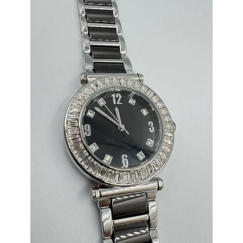 Diamonique Baguette CZ Bezel Black Stainless‎ Steel Statement Watch NEW BATTERY